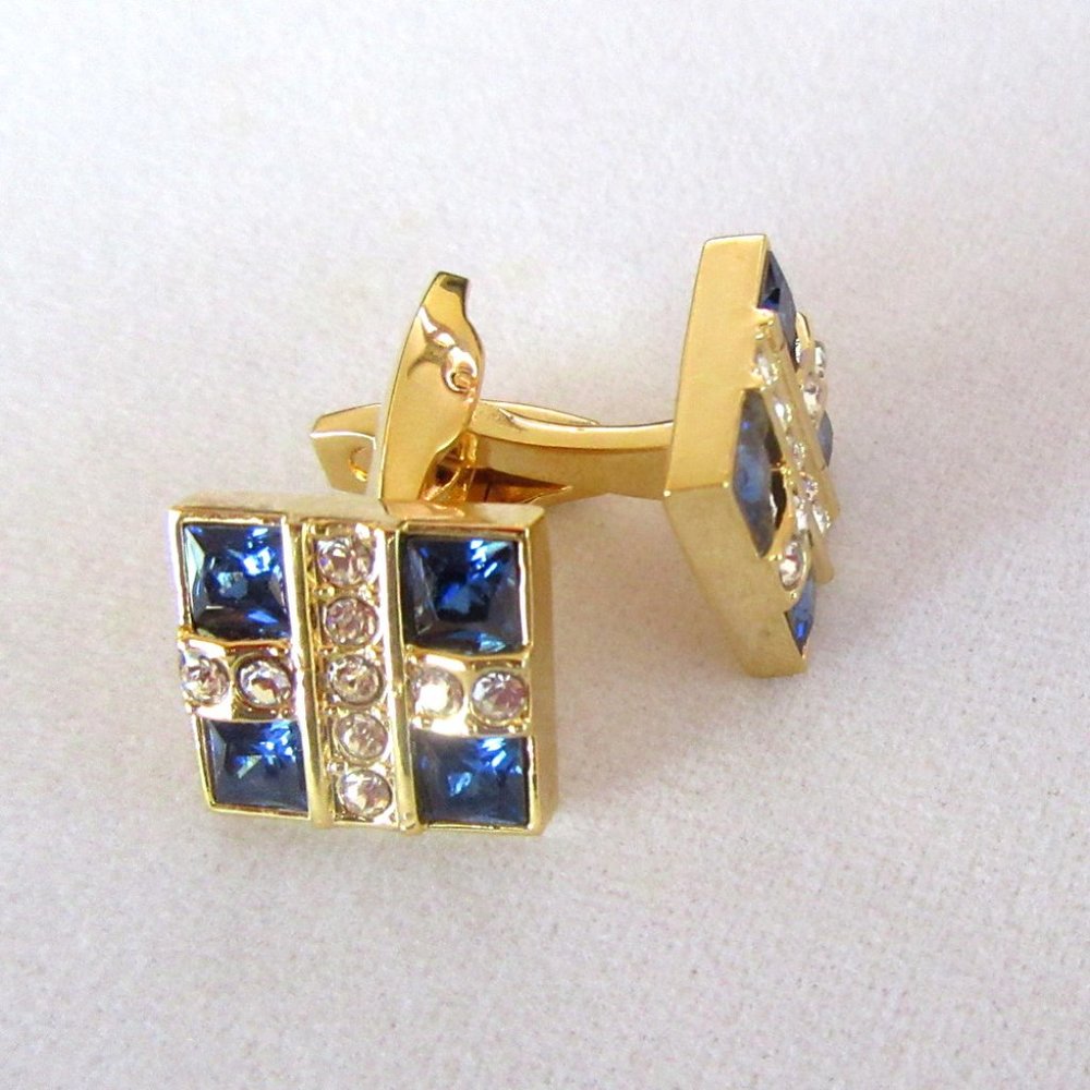 Cobalt blue & clear rhinestone unisex cufflinks - gold tone setting - New